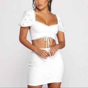 White eyelet two piece crop top set